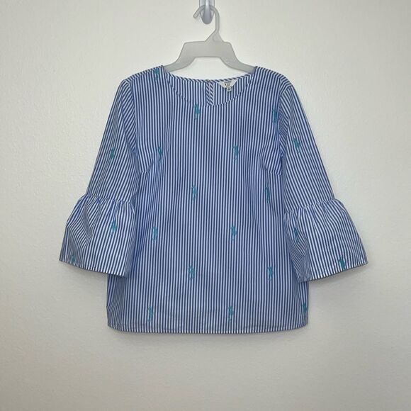 Crown & Ivy Size L Petite Blouse Blue White Stripe Seahorses Gateway To Bali - Picture 1 of 12